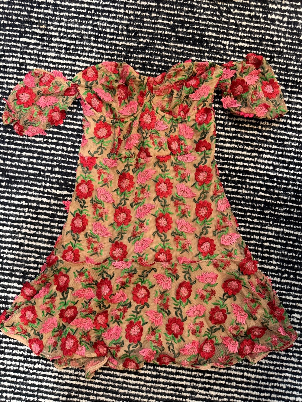 For Love & Lemons Beige Mini Dress with Red & Pink Floral Embroidery